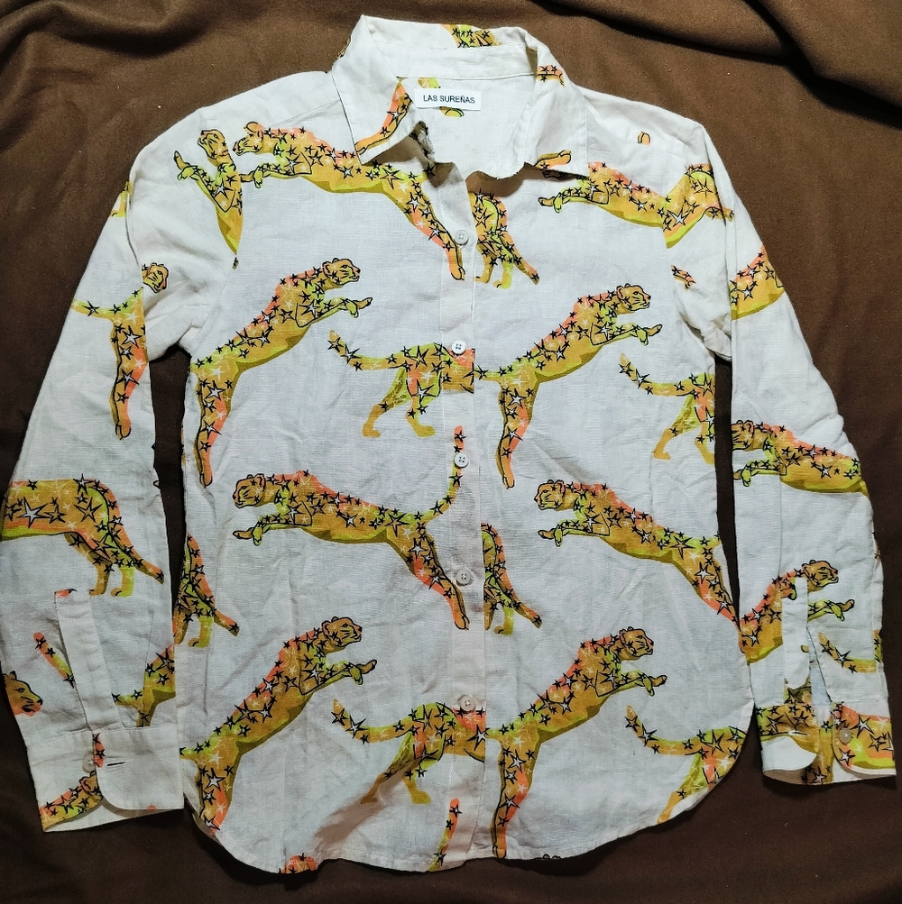 Las Surenas Linen Cotton Button-Down Yellow, Orange Star Leopard Print - Small